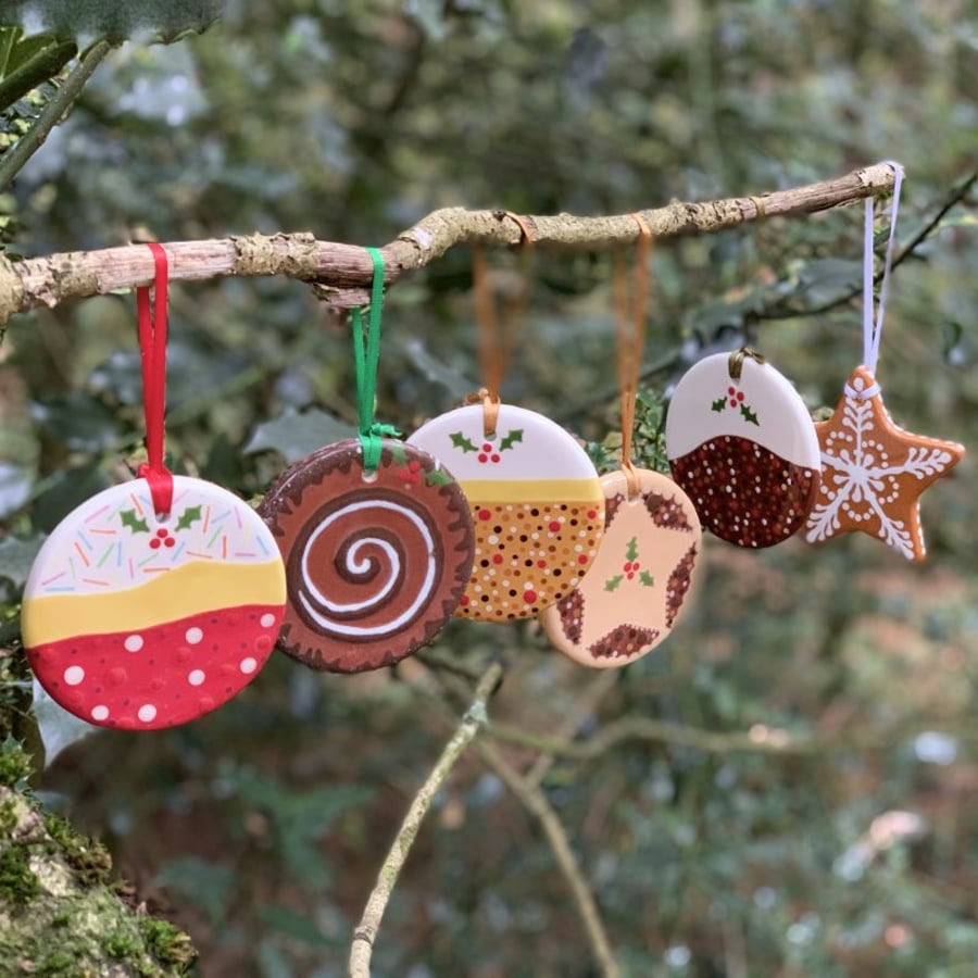 6 Handpainted Ceramic Festive Foodie Hanging Decorations, Christmas Food Hangers