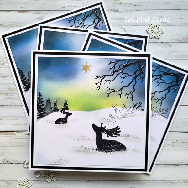 Christmas Cards - 4 card set - deer, star, northern lights, snow, trees