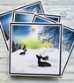 Christmas Cards - 4 card set - deer, star, northern lights, snow, trees