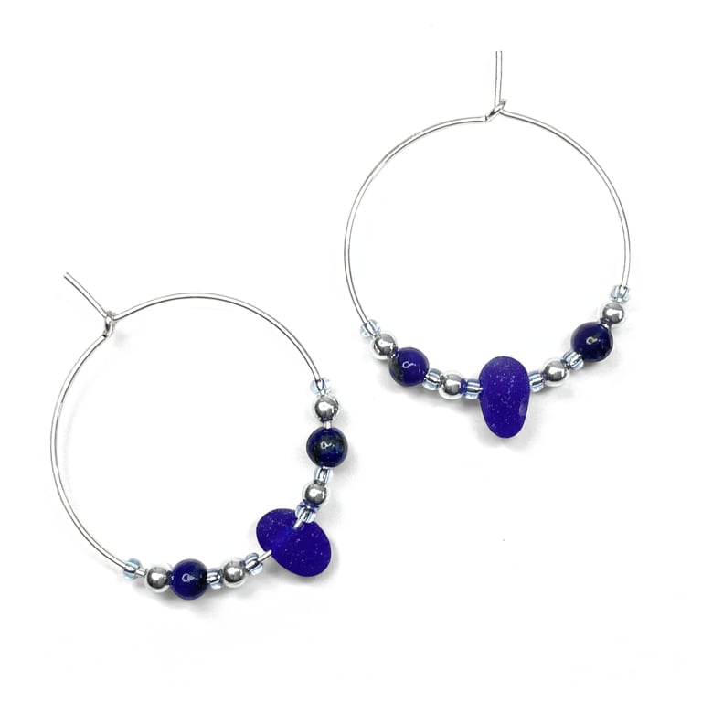 Blue Glass Hoop Earrings. Large Blue Sterling Silver Lapis Lazuli Beaded Hoops