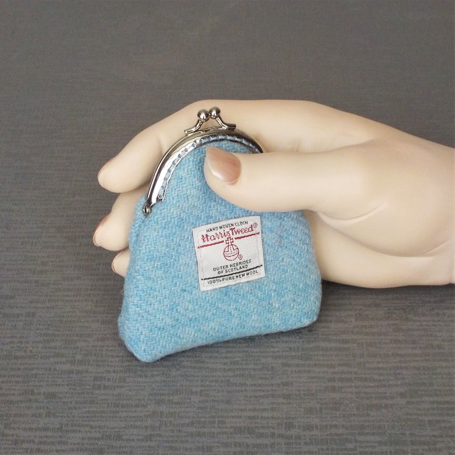 Harris tweed pale blue kiss clasp purse gift for Mum coin purse