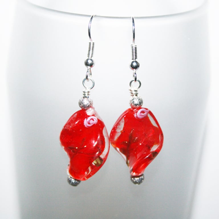 Red Glass Twist Earrings - Handmade Bead Drop Earrings
