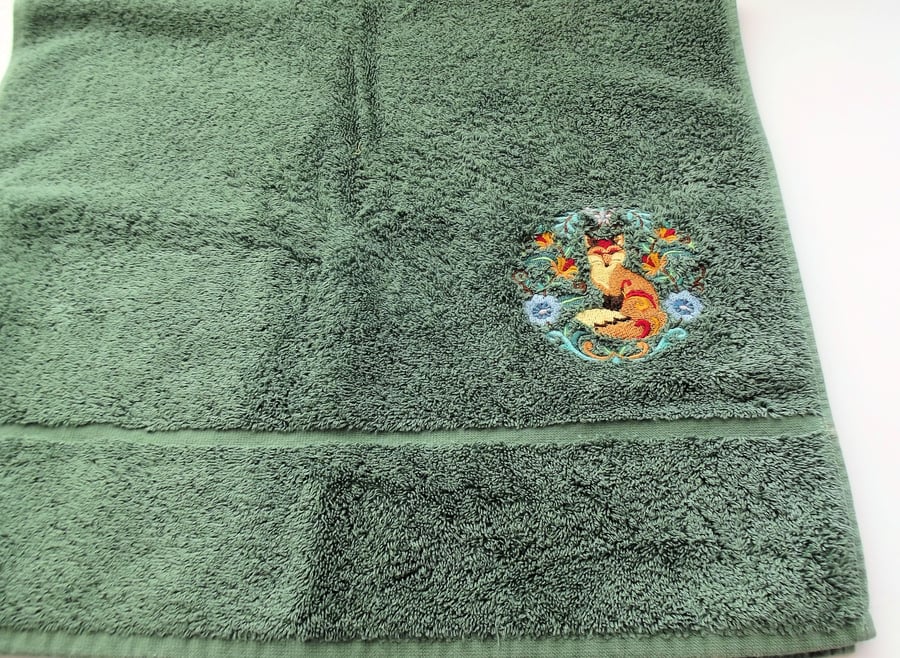 Fox Embroidered Hand Towel. Bottle Green, T1
