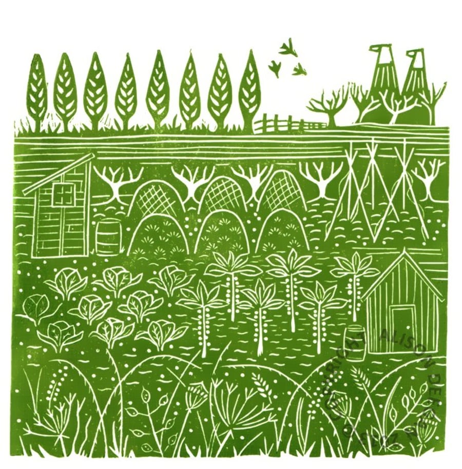 ORIGINAL lino print - 'Down the allotments II' 