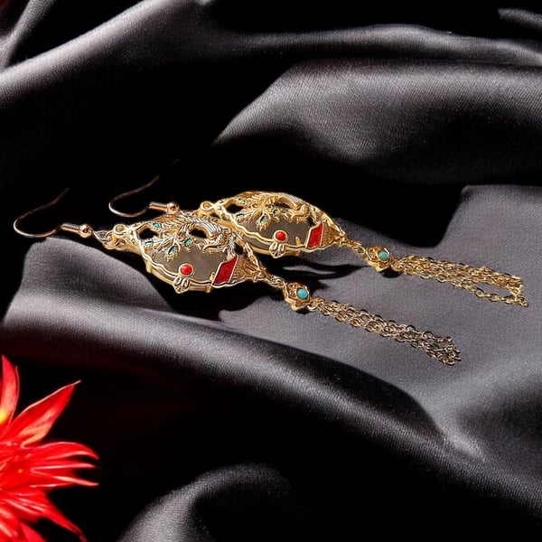 Stunning Chinese peacock inspired earrings, boho jewellery, Chinese style jewell