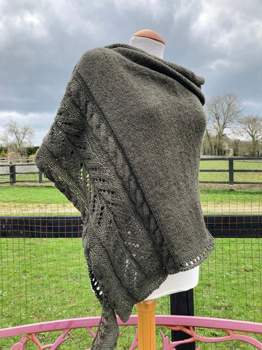 Khaki Green Organic Merino Wool Handknitted Cables Shawl Wrap Scarf