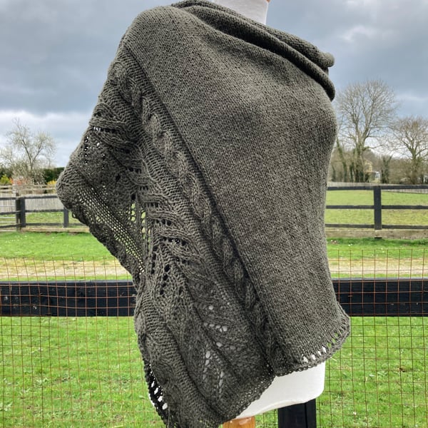 Khaki Green Organic Merino Wool Handknitted Cables Shawl Wrap Scarf