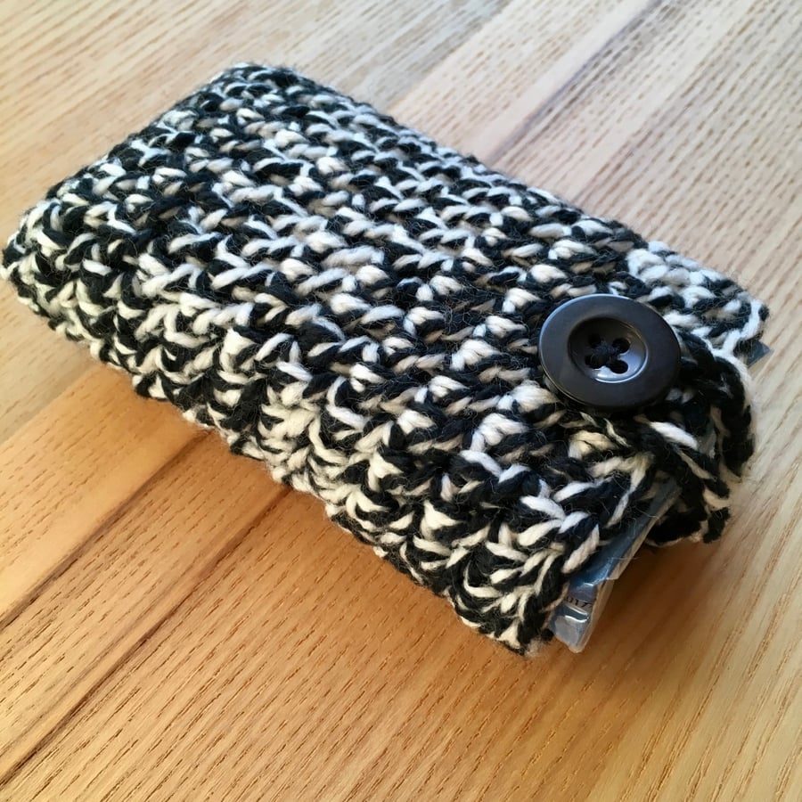 White and Black Marl Crochet Travel Tissue Pouch with Button