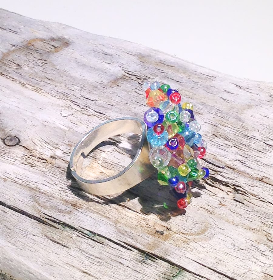 Multi-Coloured Crystal Bead Bling Ring - UK Free Post