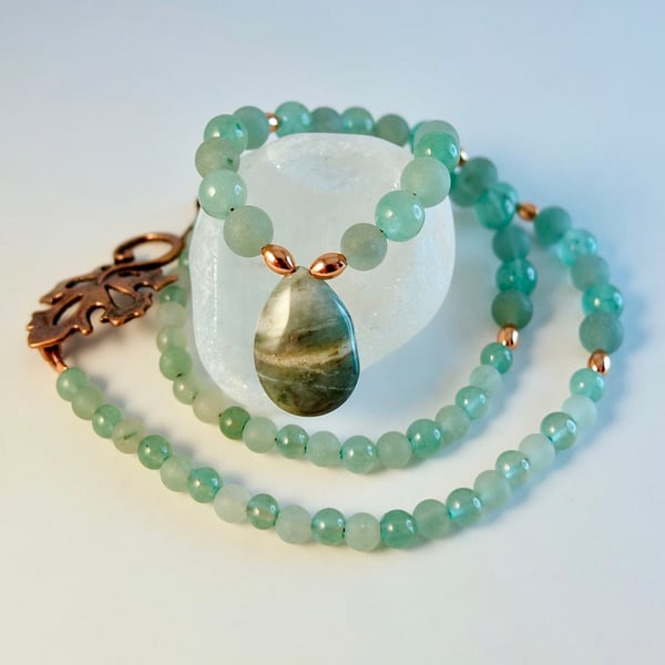 Green Aventurine Necklace With Tree Agate Teardrop - Handmade Gift, Birthday