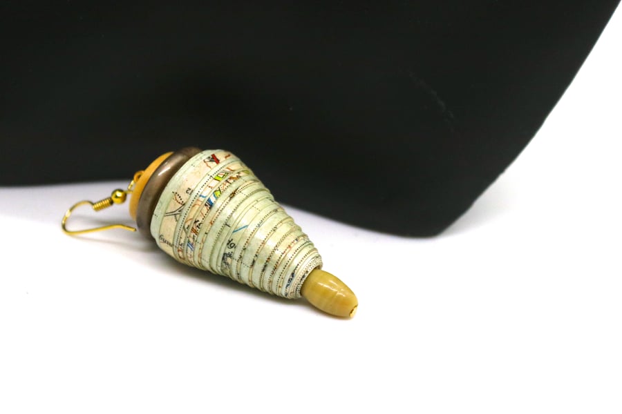 Cone shaped paper beaded earrings made with 1946 OS map of Newquay