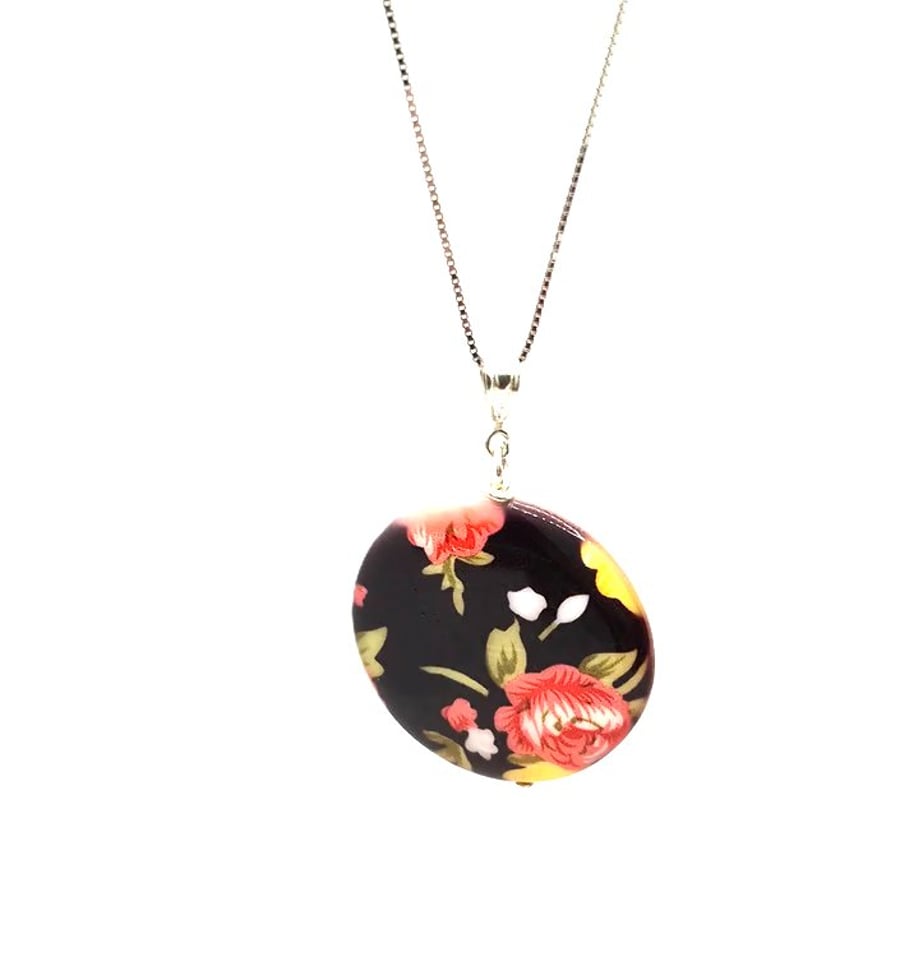 Painted shell coin style pendant necklace with 18 inch sterling silver chain