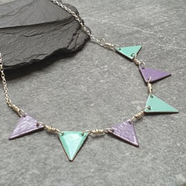 Lilac and aqua enamel bunting flag necklace, Sterling silver and copper