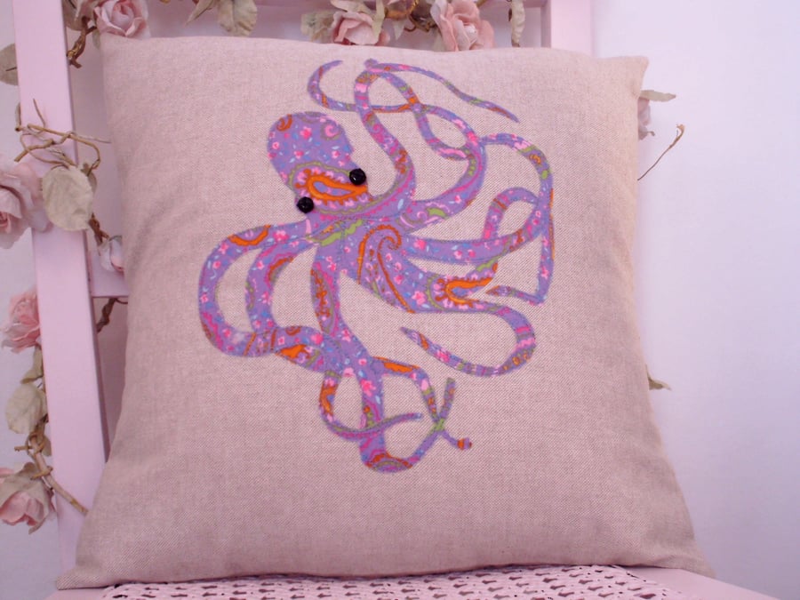 Octopus cushion cover, appliqued cushion cover, purple octopus