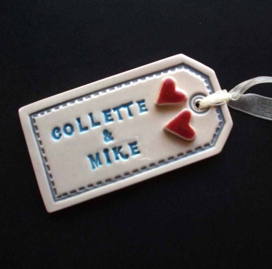 Large personalised ceramic Wedding tag decoration