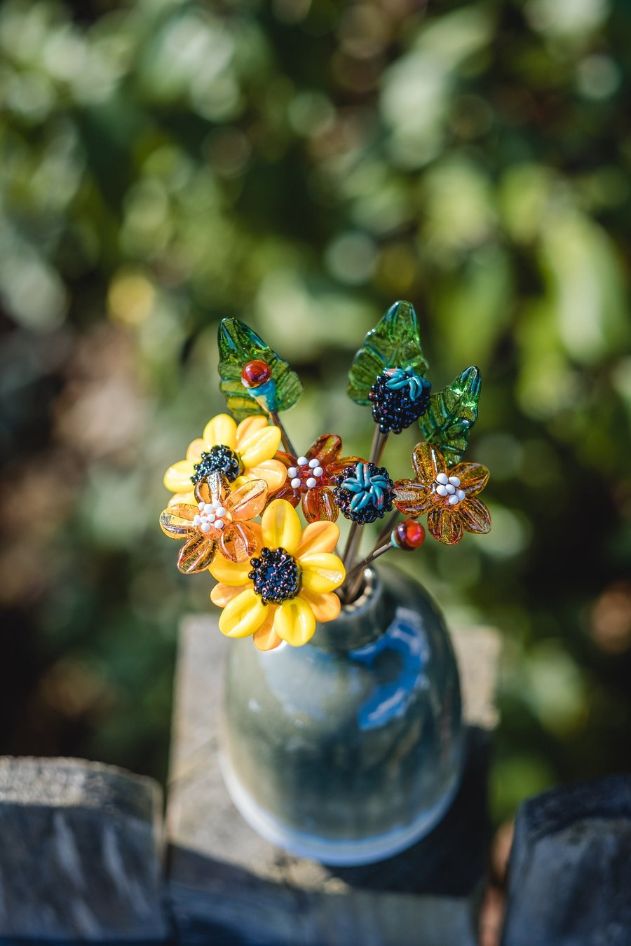 Autumnal Bouquet in Green Ceramic Vase - Handmade Glass Flowers - Flower Bouquet