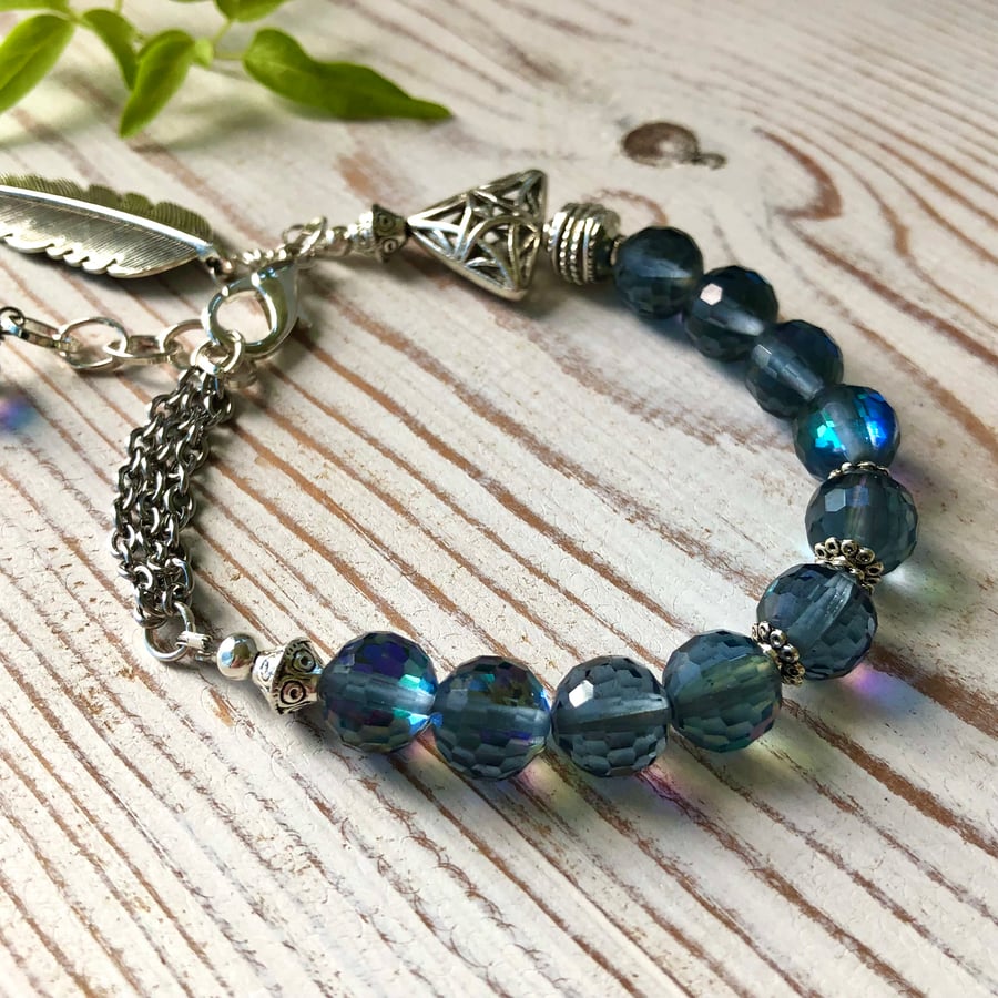 Bohemian Blue Green Crystal Beaded Bracelet, Silver Feather Charm Boho Bracelet