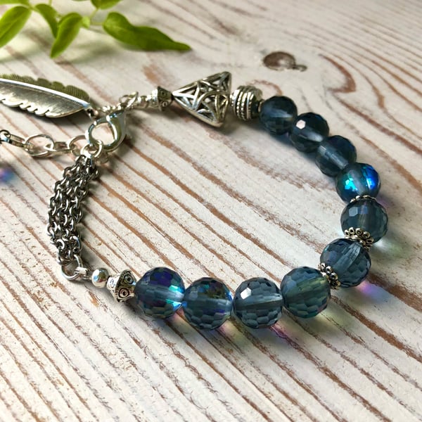 Bohemian Blue Green Crystal Beaded Bracelet, Silver Feather Charm Boho Bracelet