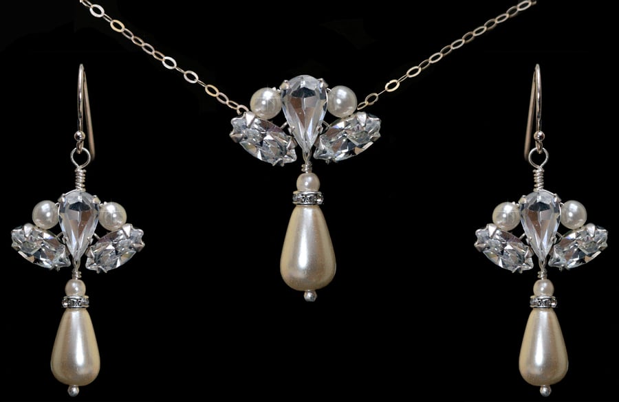 Sterling Silver Bridal Necklace & Earrings made with Swarovski Crystal & Pearls