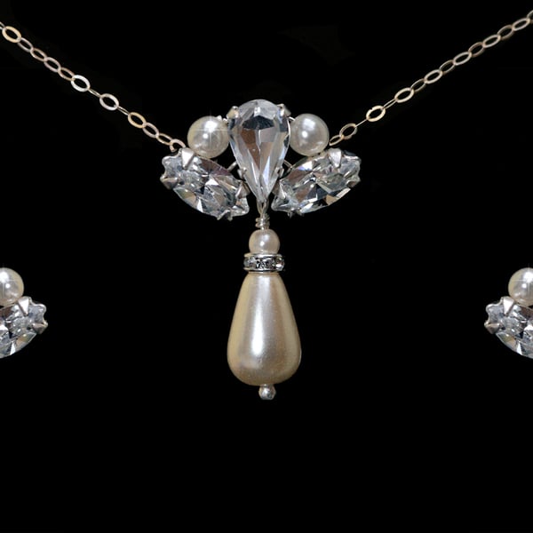 Sterling Silver Bridal Necklace & Earrings made with Swarovski Crystal & Pearls