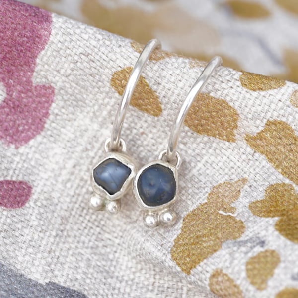 Raw sapphire gemstone earrings, silver hoop earrings