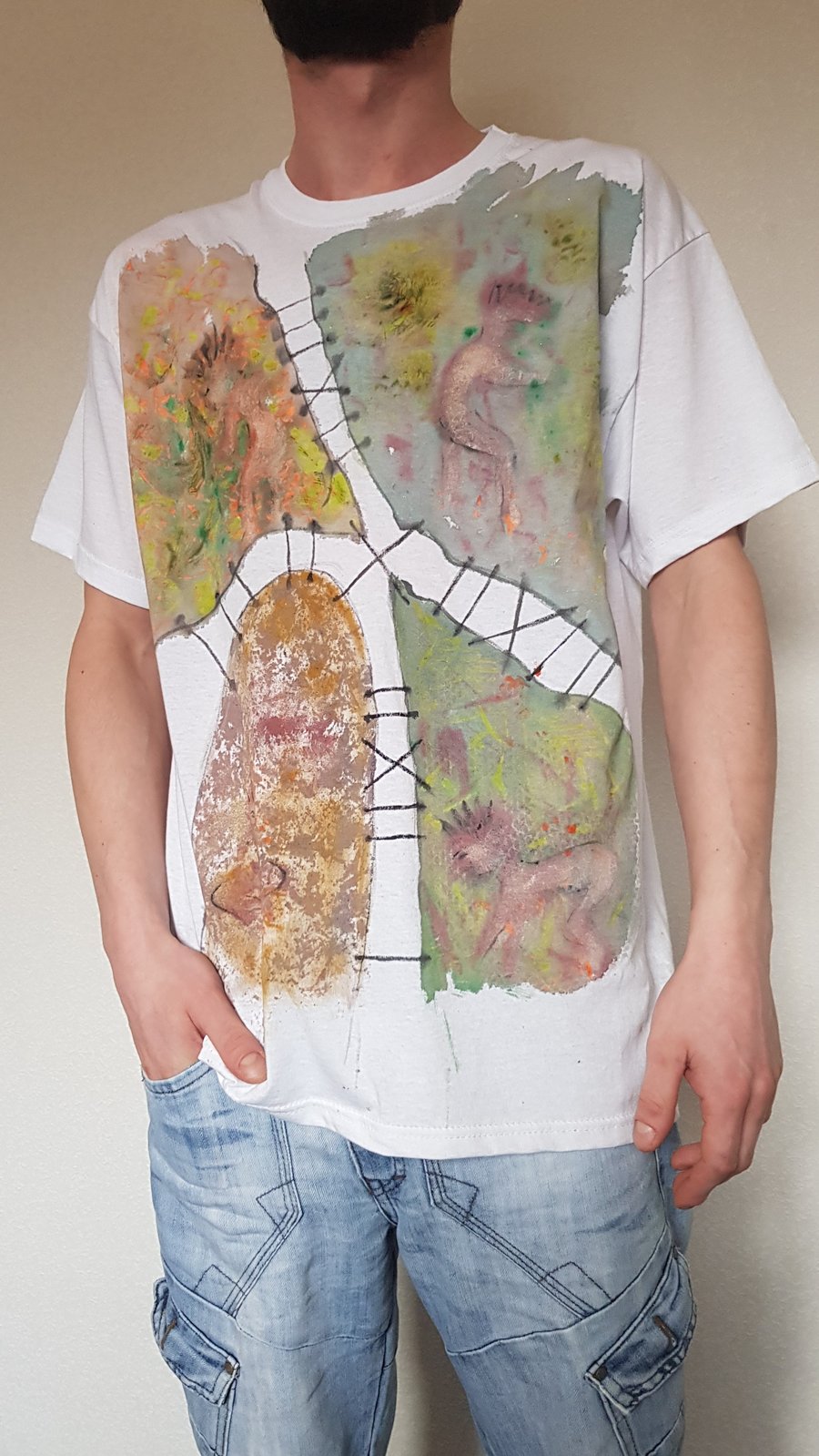 unique original hand-painted T-shirt designer unisex white  size L gift for him