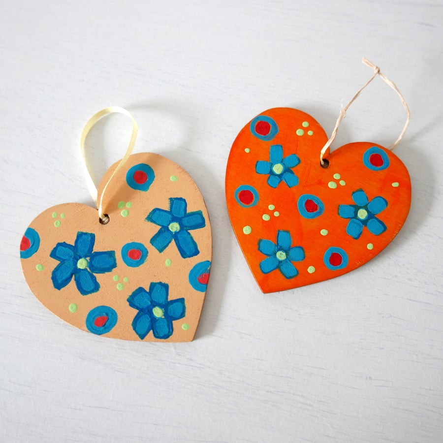 Set of Two Hanging Hearts, Yellow Heart, Orange Decoration, Floral Art
