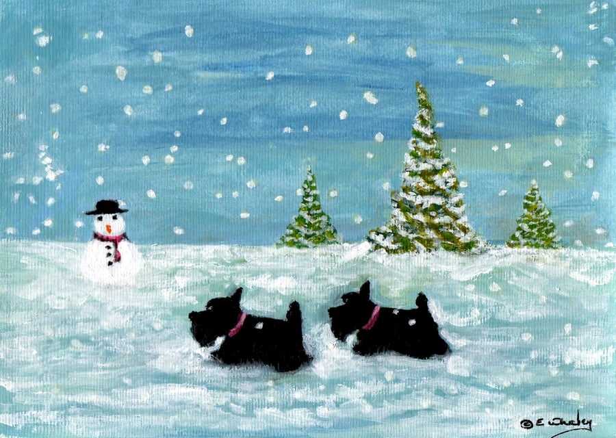 Original Scottish Terrier Dogs with Snowman Art Acrylic Painting