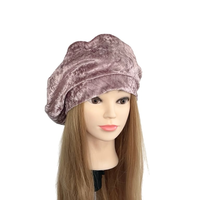 Dusky Pink Retro Vintage Style Beret Hat for Women Crushed Velour Beret Cap