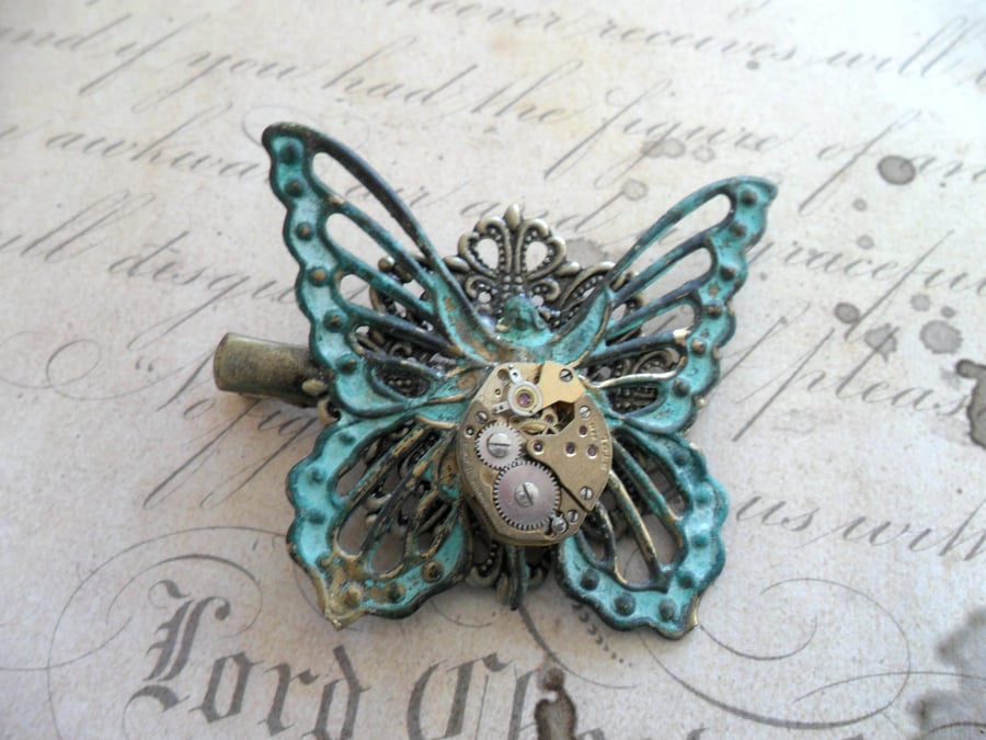 Steampunk Hair Slide Verdigris Butterfly