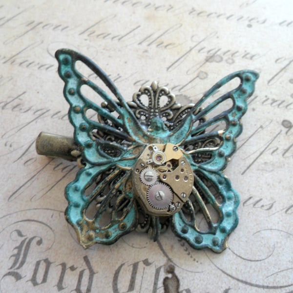 Steampunk Hair Slide Verdigris Butterfly