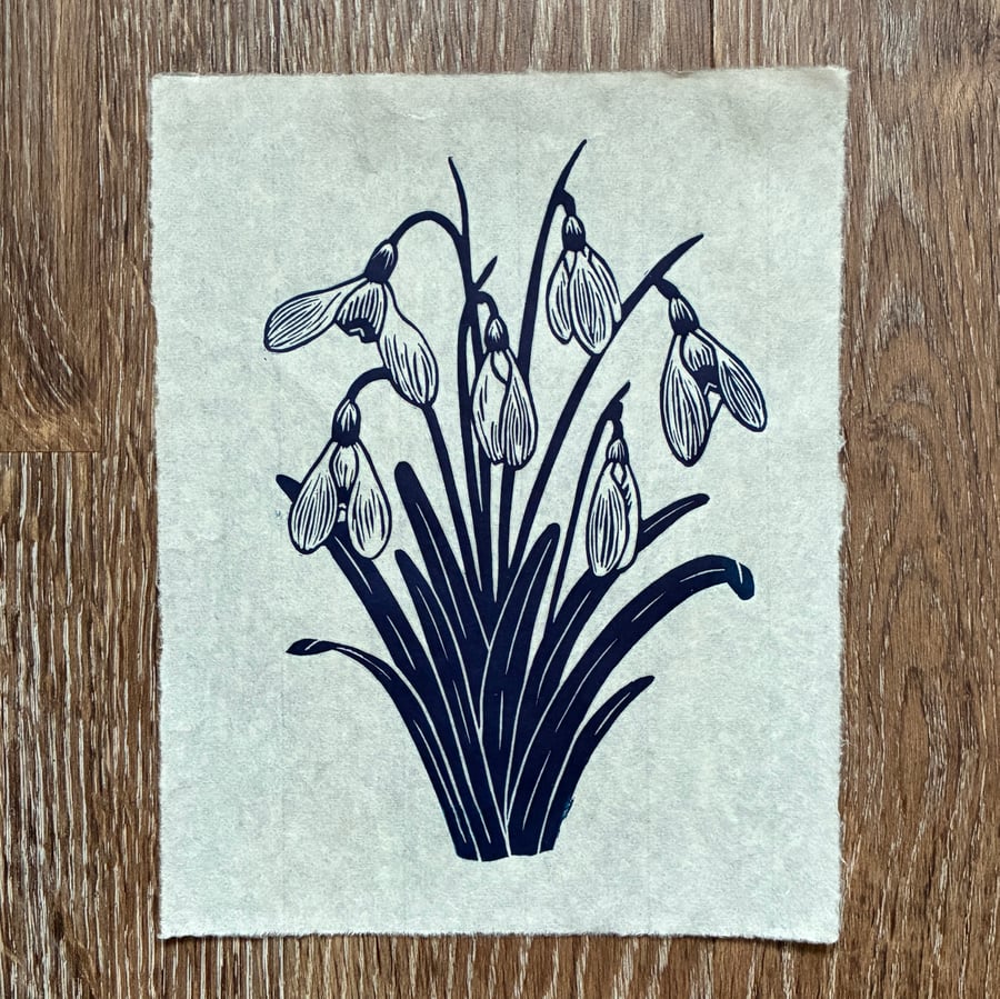 PERFECTLY IMPERFECT Snowdrops Original Lino Print in Navy Blue