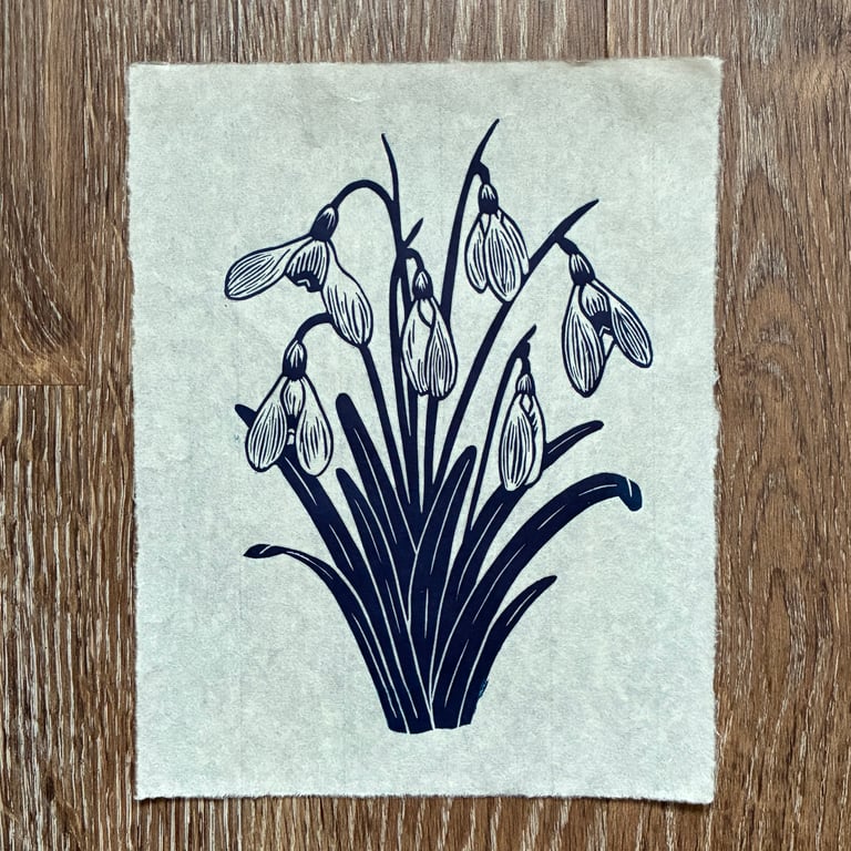 PERFECTLY IMPERFECT Snowdrops Original Lino Print in Navy Blue