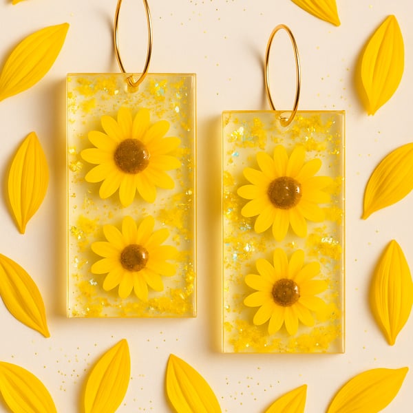 Double Sunflower Resin Statement Dangle Earrings