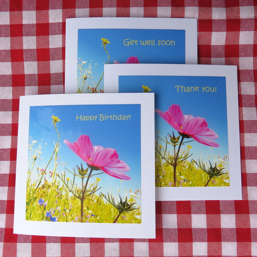 Set of three cards.  Happy Birthday,  Thank You,  Get Well Soon.  Notelets.