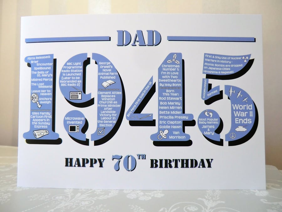 Happy 70th Birthday Dad Card - Born In 1945 British Facts A5 Greetings Card 