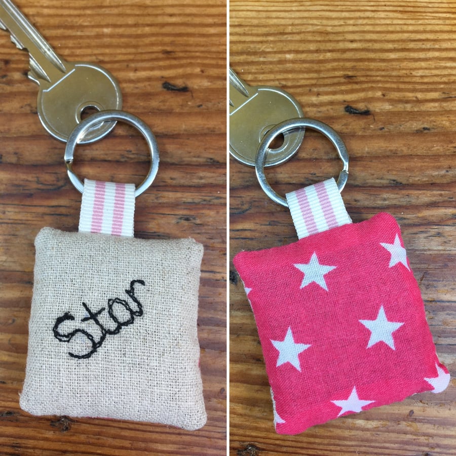 Star key ring, Linen & Lavender embroidered keyring, bright pink stars