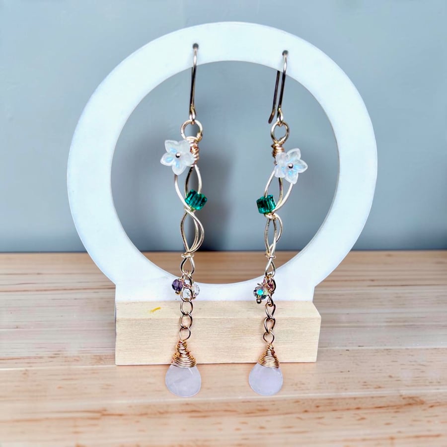 Statement Gold Plated Rose Quartz Botanical Dangles 