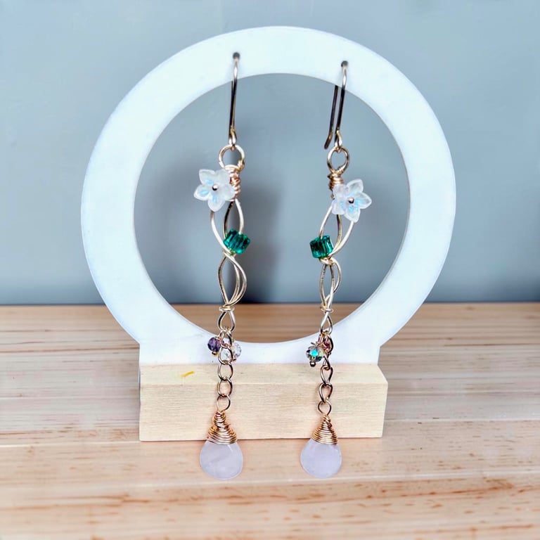 Statement Gold Plated Rose Quartz Botanical Dangles 