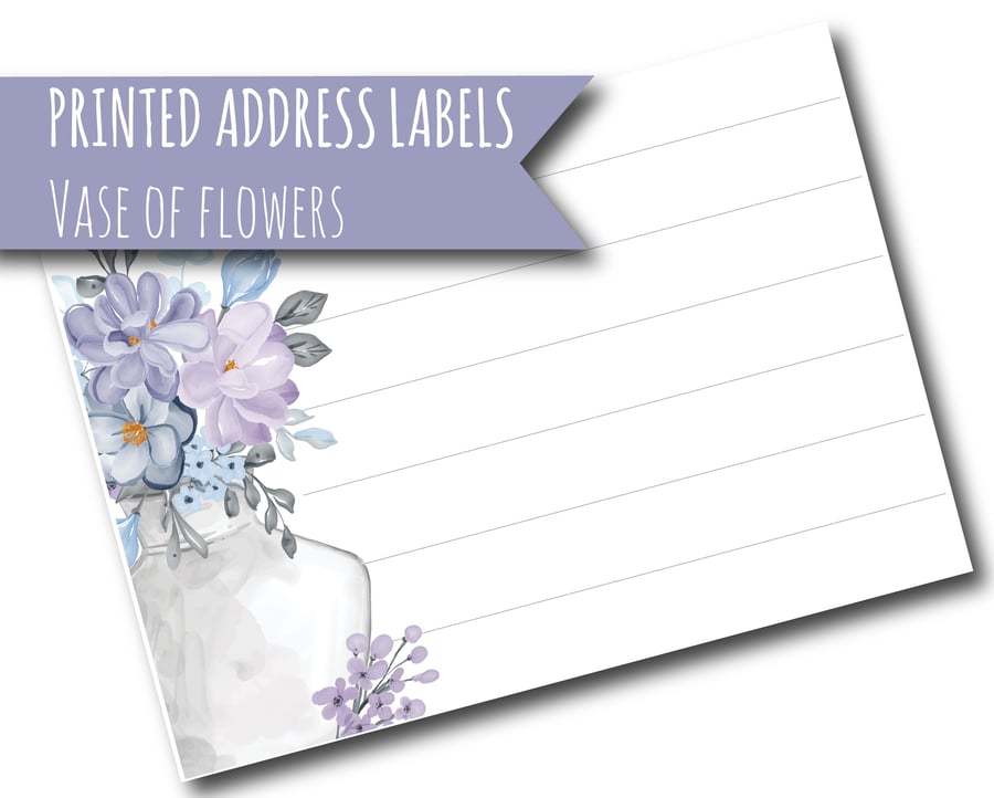Printed self-adhesive address labels, vase of flowers, letter writing supplies
