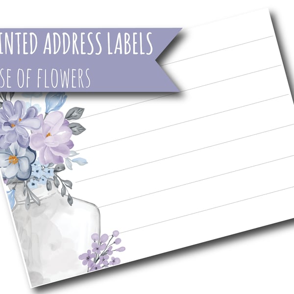 Printed self-adhesive address labels, vase of flowers, letter writing supplies