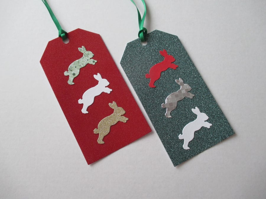 Gift Tag x 2 Bunny Rabbit Christmas Present Gold Green Red White Silver