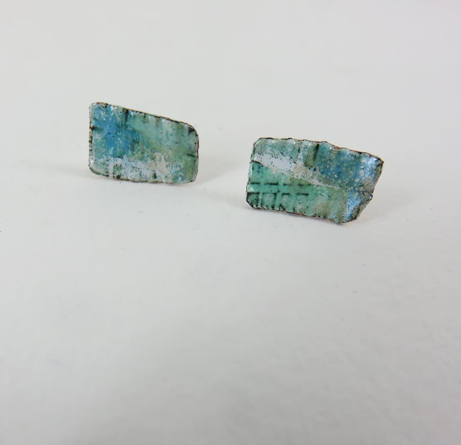 Enamel and Textured Copper Stud Earrings with Iridescent Finish