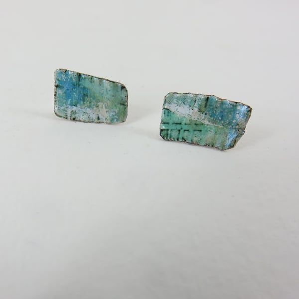 Enamel and Textured Copper Stud Earrings with Iridescent Finish