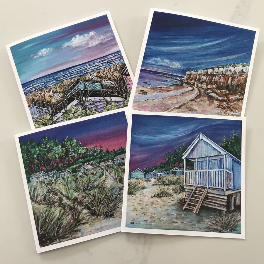 4 Coastal Themed Art Cards Set