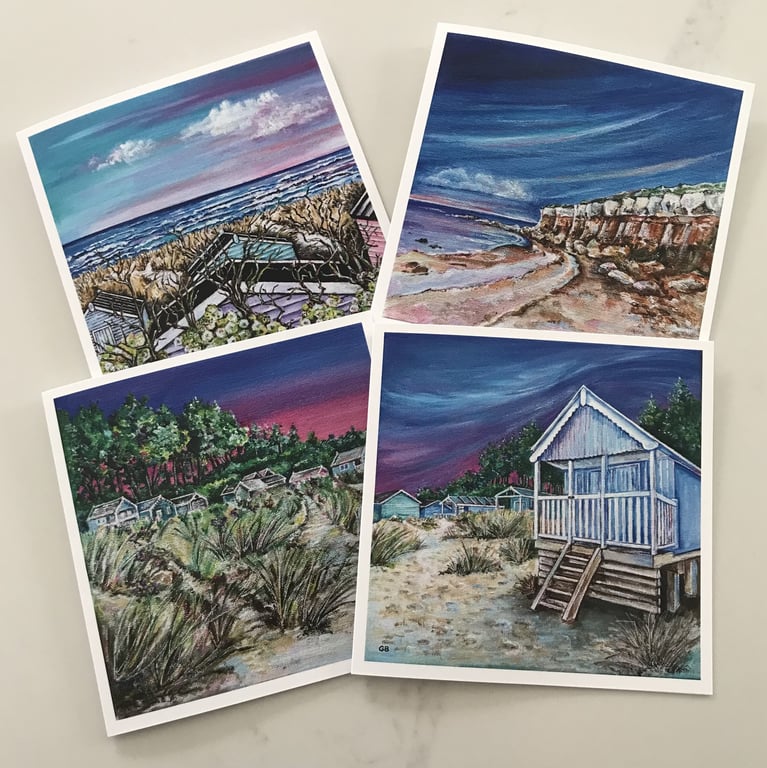4 Coastal Themed Art Cards Set