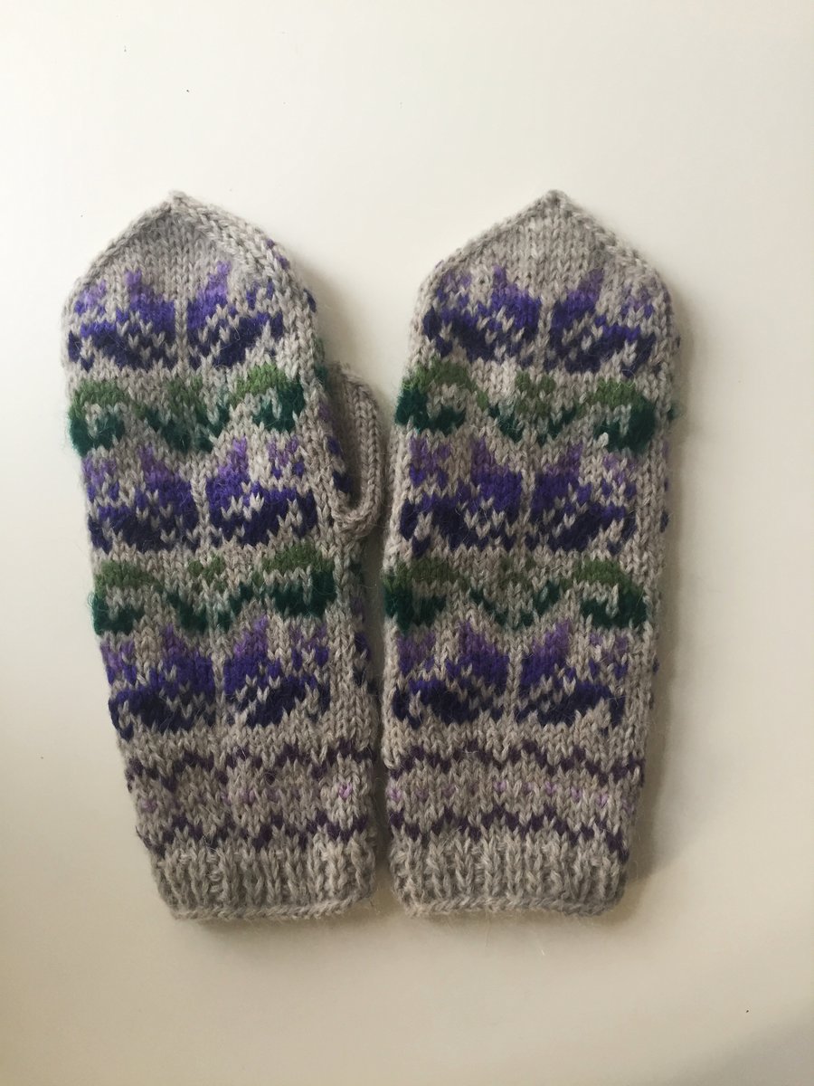 READY TO SHIP hand knit grey wool mittens purple lilac green fairisle floral