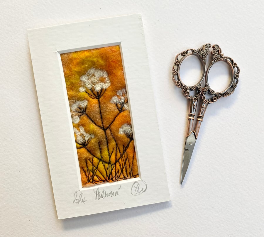 Mounted embroidered meadowsweet late summer wet felted artwork, wall art. 