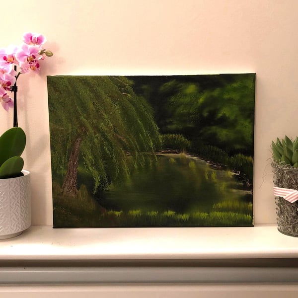 Original Oil Painting: Willow and Reeds, Bob Ross Style (12x16)