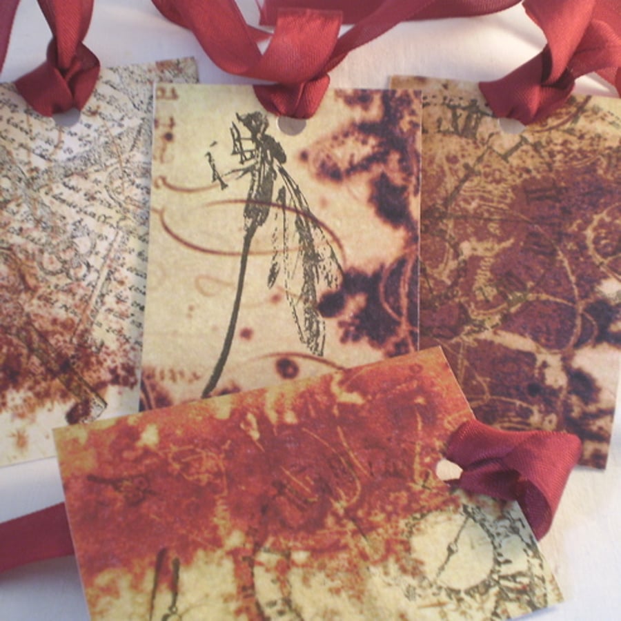 Steampunk Distressed Butterfly/Dragonfly/Key gift Tags x 4